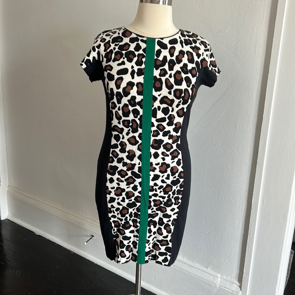 Marc Cain Sport N4 animal print dress w fun green stripe EUC